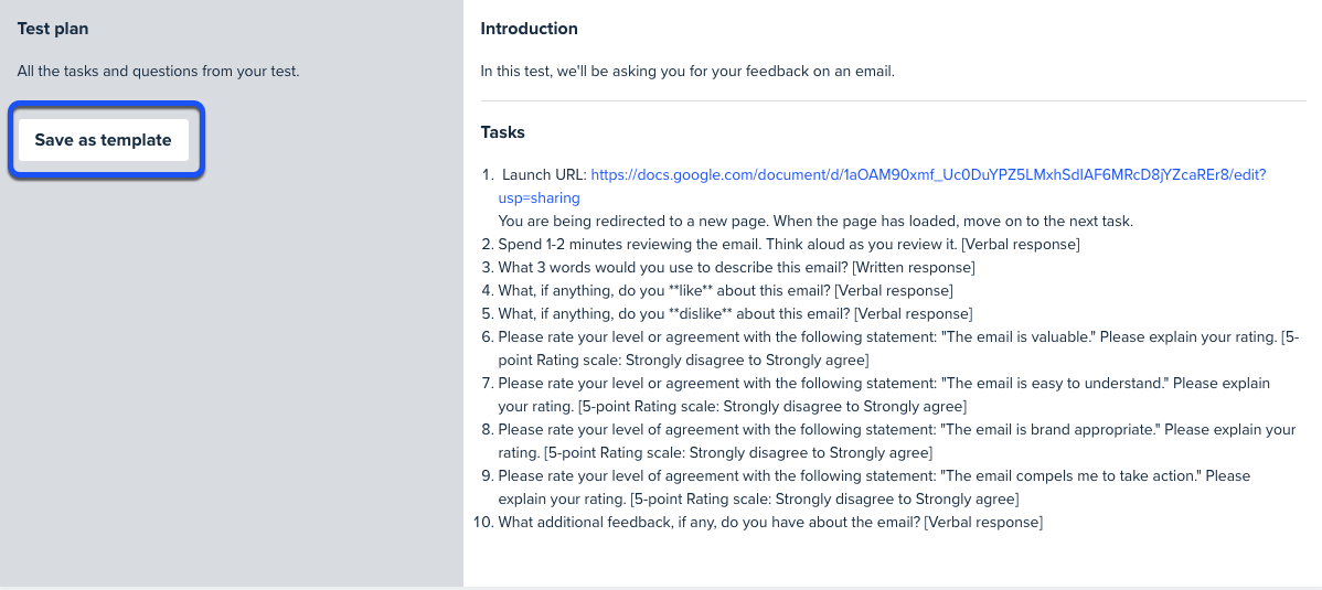 save as test plan template usertesting