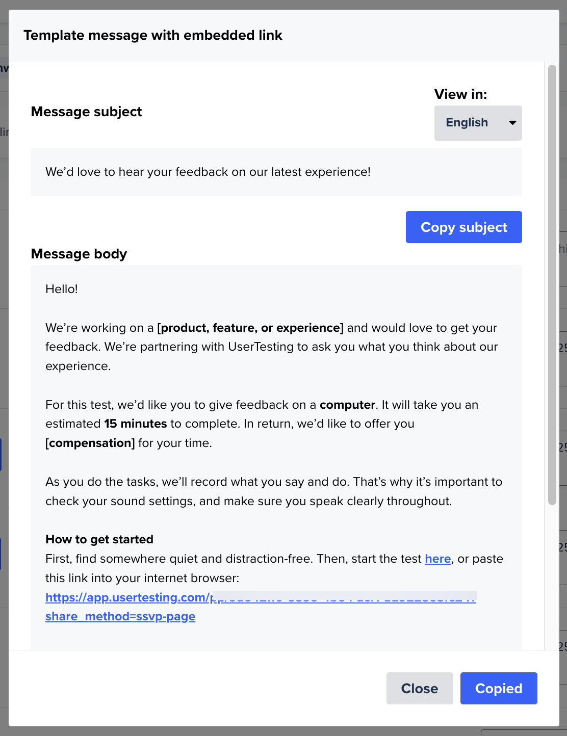 invite network email template usertesting