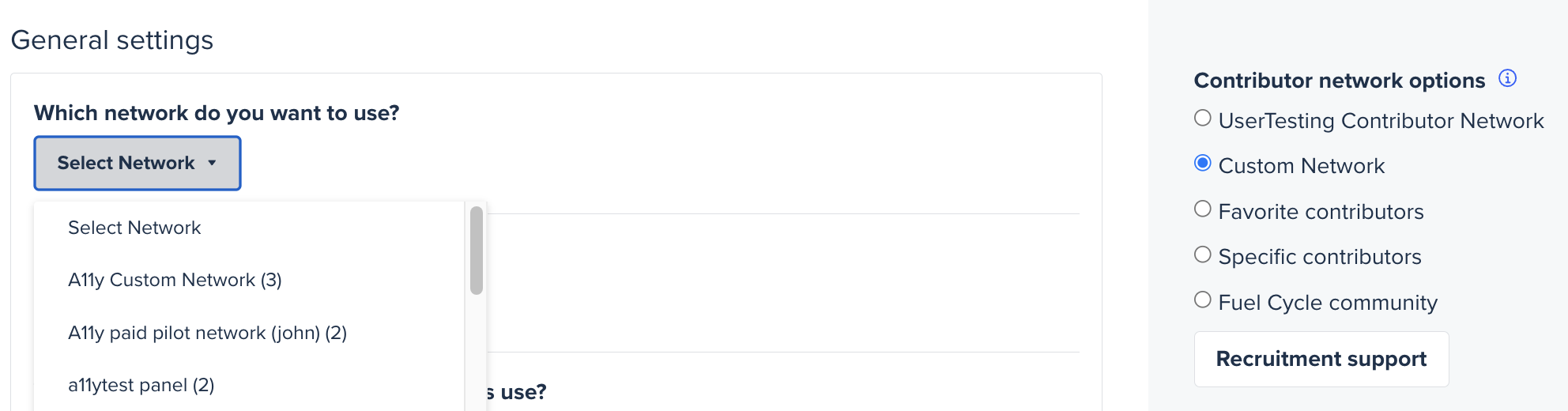 select a custom network usertesting