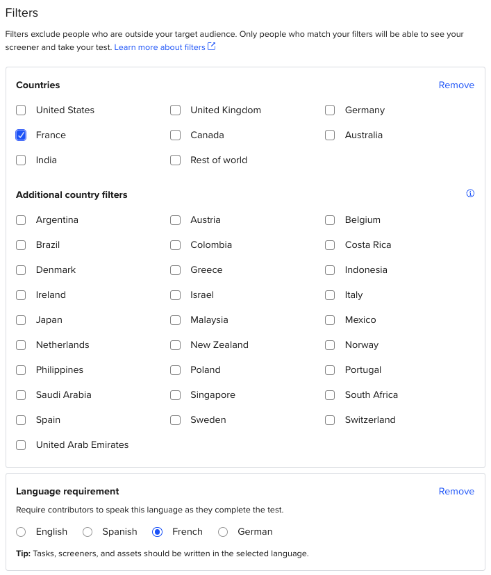France and French filters usertesting