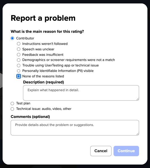 report a problem none of the reasons listed usertesting