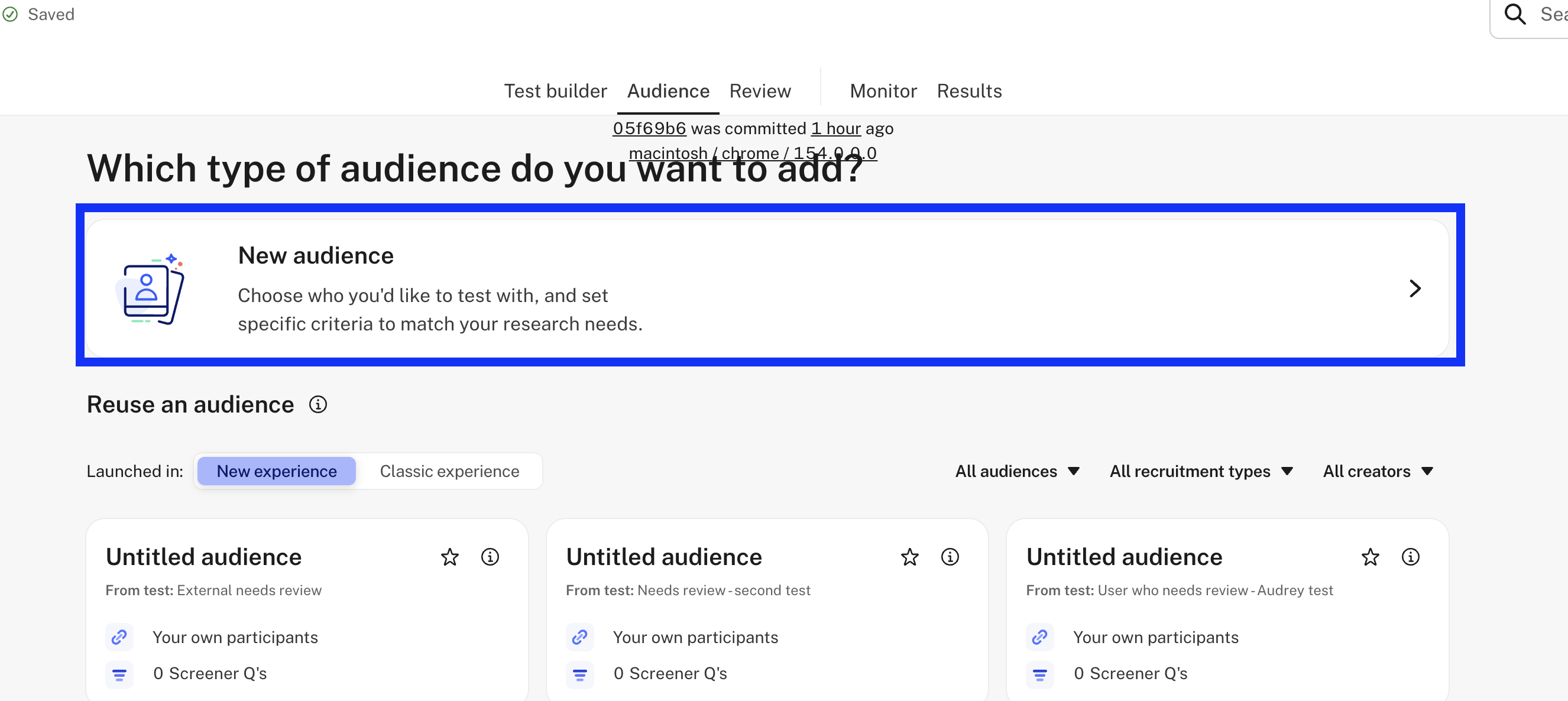 Which type of audience do you want to add? screen with New audience highlighted