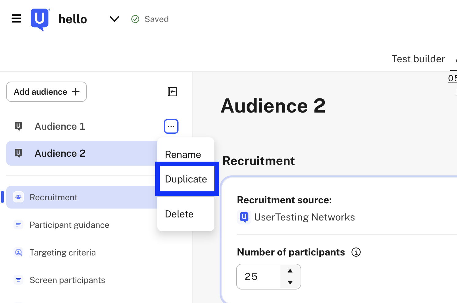 Ellipsis menu next to an audience showing Rename, Duplicate, and Delete options, with Duplicate highlighted